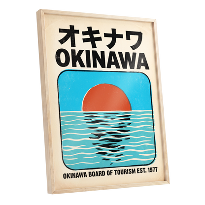 Okinawa Sunset, black, beige, blue nature wall art shown as a oak framed poster wall art print