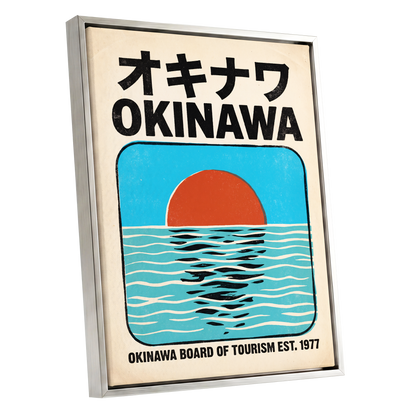 Okinawa Sunset, black, beige, blue nature wall art shown as a silver framed canvas wall art