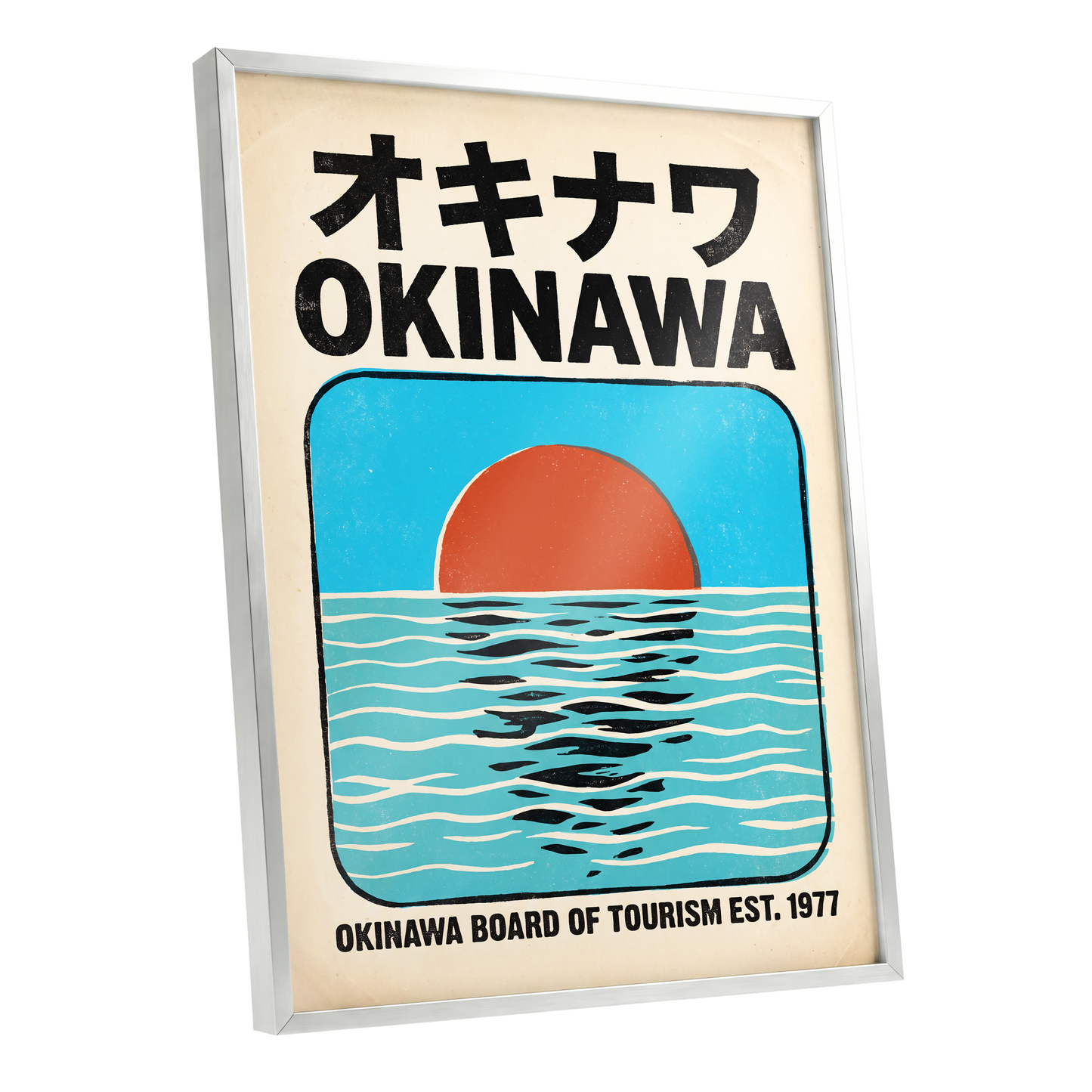 Okinawa Sunset, black, beige, blue nature wall art shown as a silver framed poster wall art print