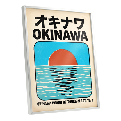 Okinawa Sunset, black, beige, blue nature wall art shown as a silver framed poster wall art print