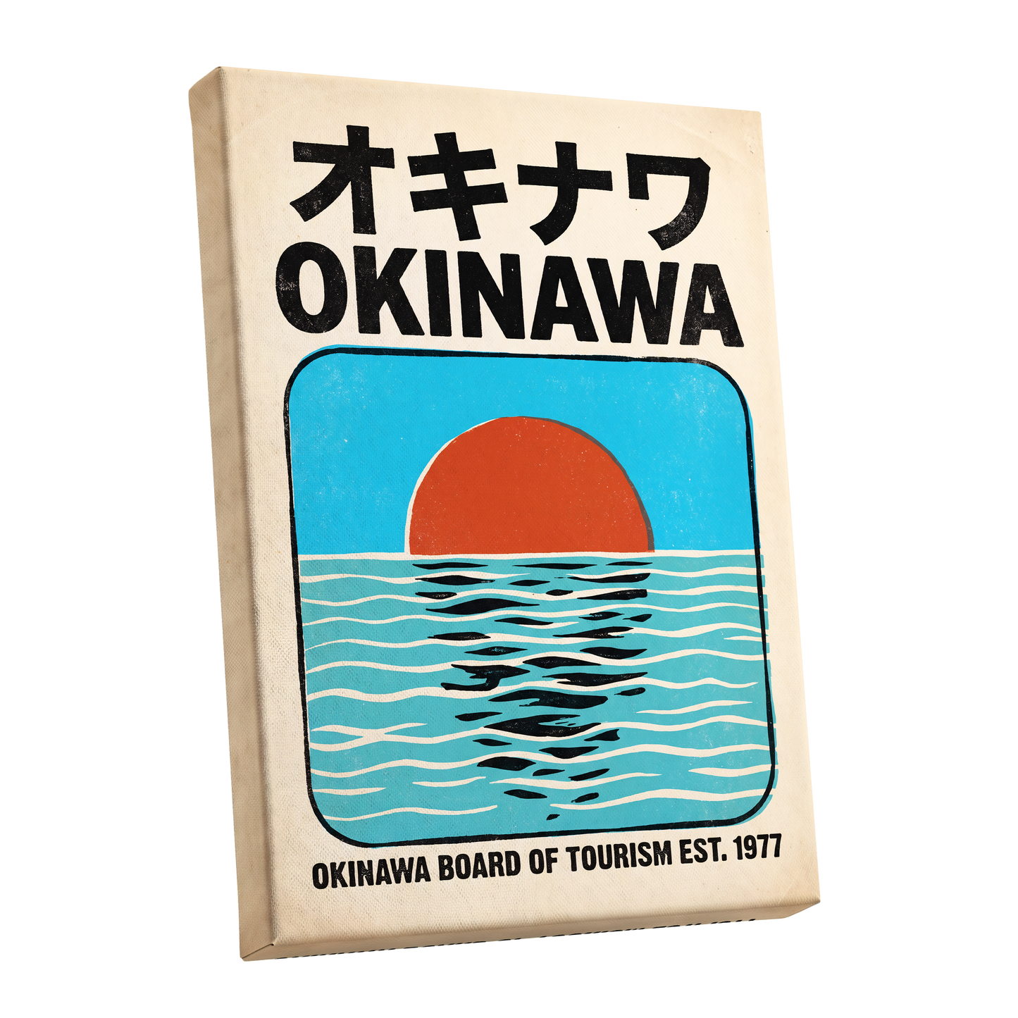 Okinawa Sunset, black, beige, blue nature wall art shown as a stretched canvas wall art