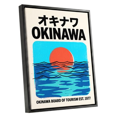 Okinawa Sunset Tides, black, beige, blue nature wall art shown as a black framed canvas wall art
