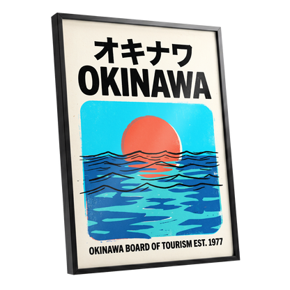 Okinawa Sunset Tides, black, beige, blue nature wall art shown as a black framed poster wall art print