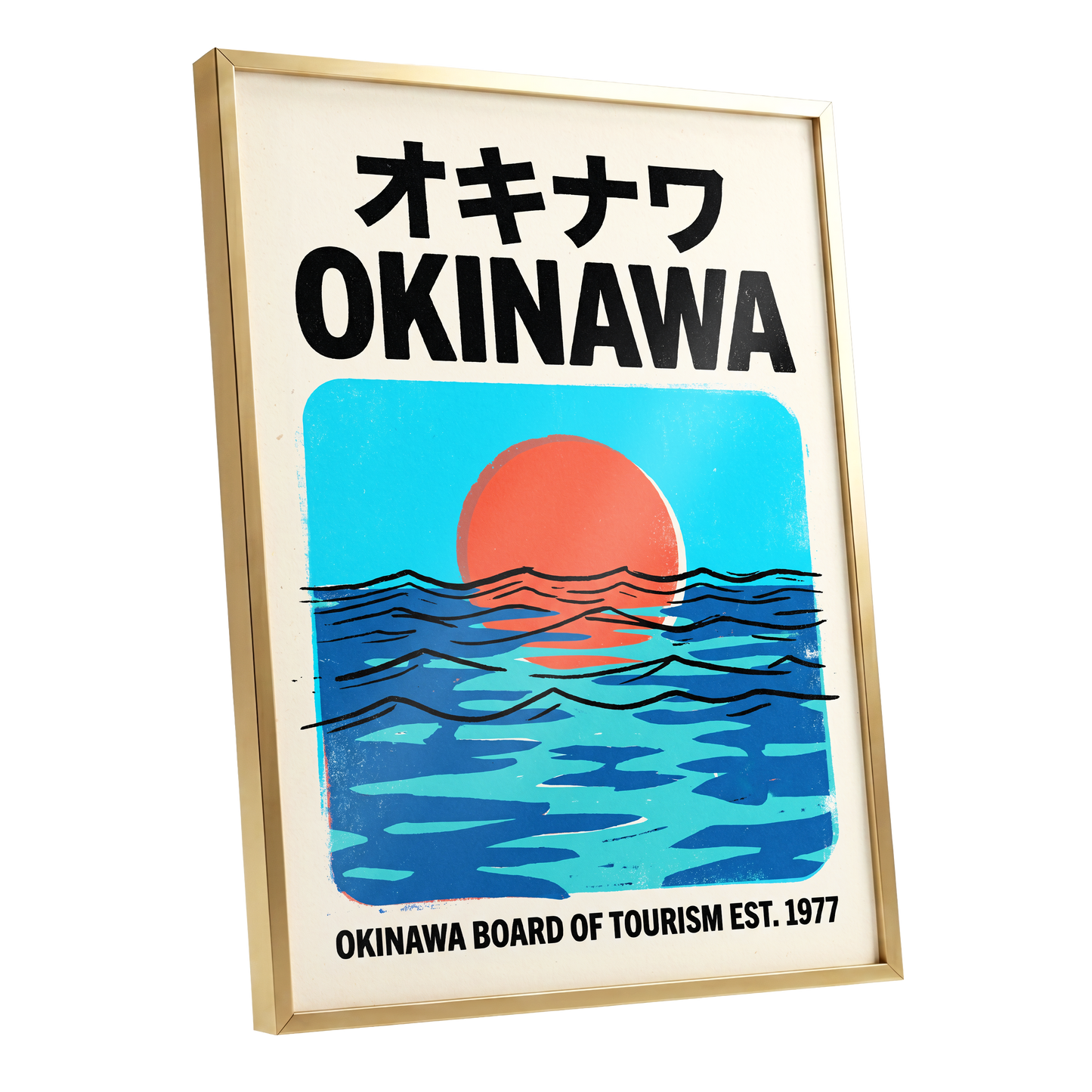 Okinawa Sunset Tides, black, beige, blue nature wall art shown as a gold framed poster wall art print