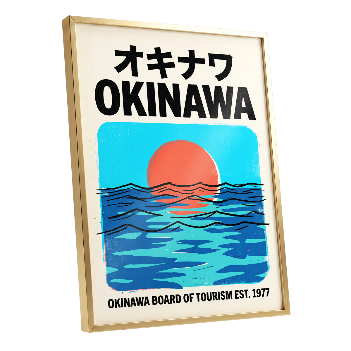 Okinawa Sunset Tides, black, beige, blue nature wall art shown as a gold framed poster wall art print