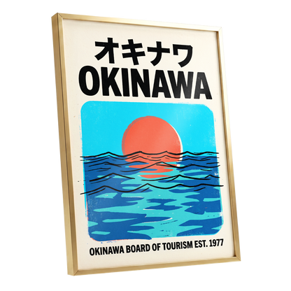 Okinawa Sunset Tides, black, beige, blue nature wall art shown as a gold framed poster wall art print