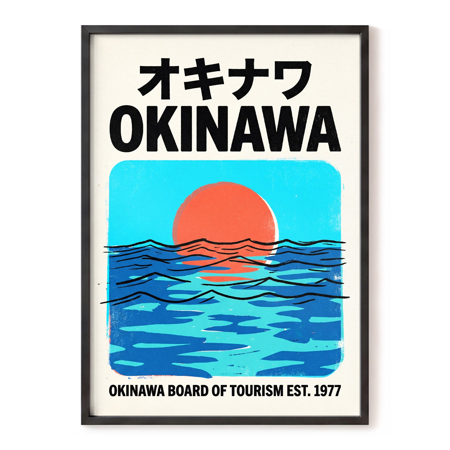 Okinawa Sunset Tides, black, beige, blue nature wall art, front artwork view