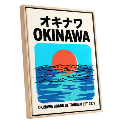 Okinawa Sunset Tides, black, beige, blue nature wall art shown as a oak framed canvas wall art