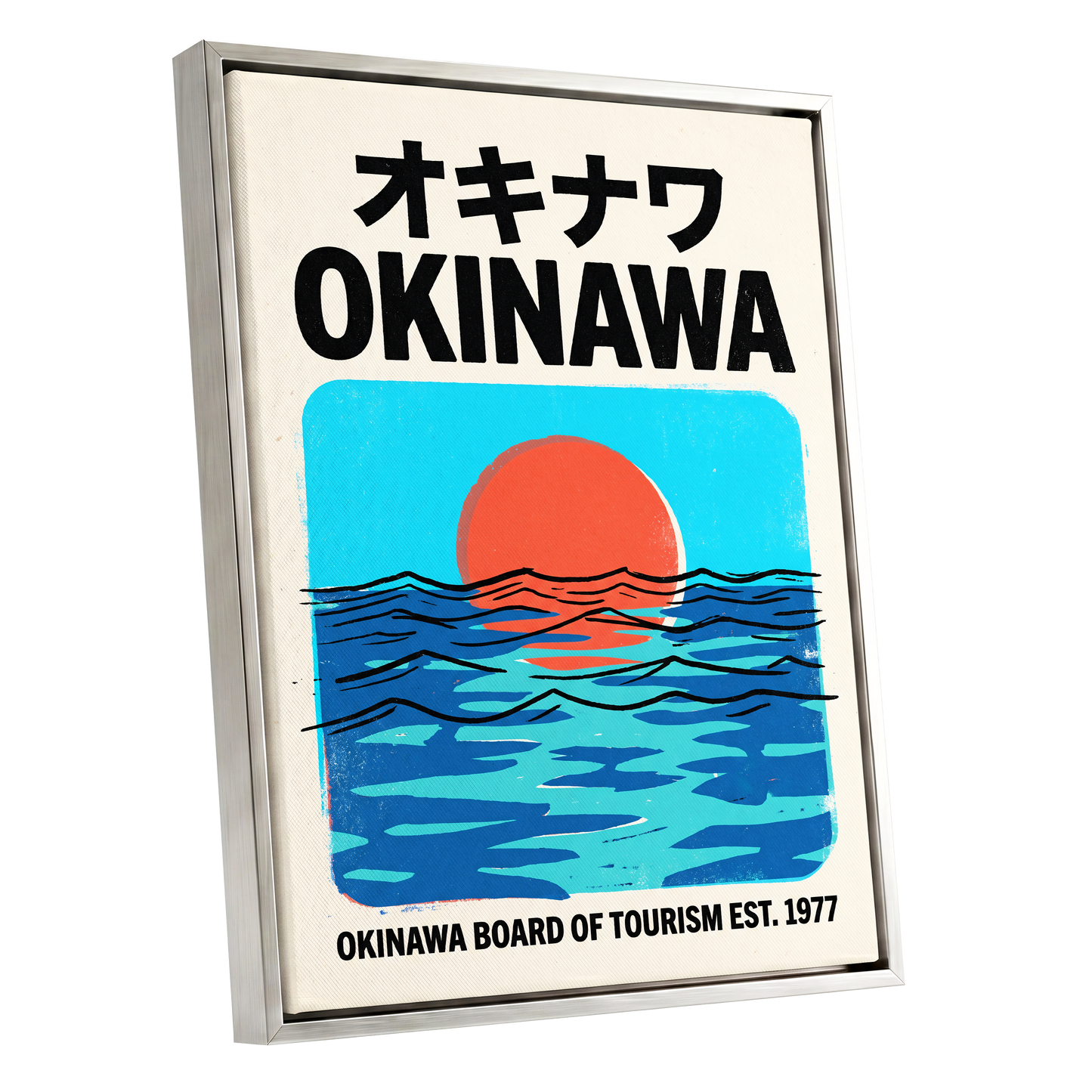 Okinawa Sunset Tides, black, beige, blue nature wall art shown as a silver framed canvas wall art