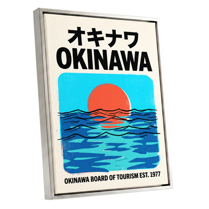 Okinawa Sunset Tides, black, beige, blue nature wall art shown as a silver framed canvas wall art