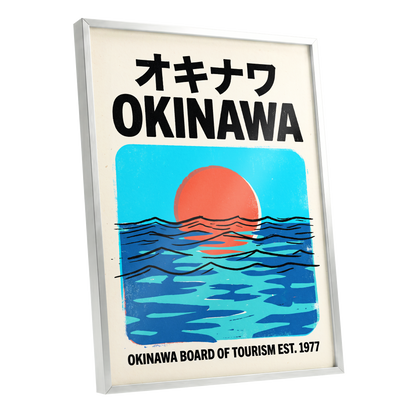 Okinawa Sunset Tides, black, beige, blue nature wall art shown as a silver framed poster wall art print