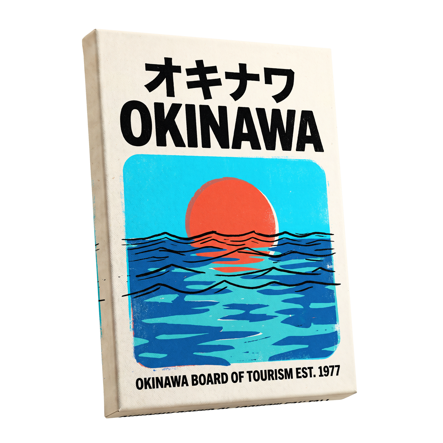 Okinawa Sunset Tides, black, beige, blue nature wall art shown as a stretched canvas wall art