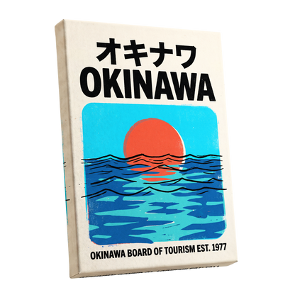 Okinawa Sunset Tides, black, beige, blue nature wall art shown as a stretched canvas wall art