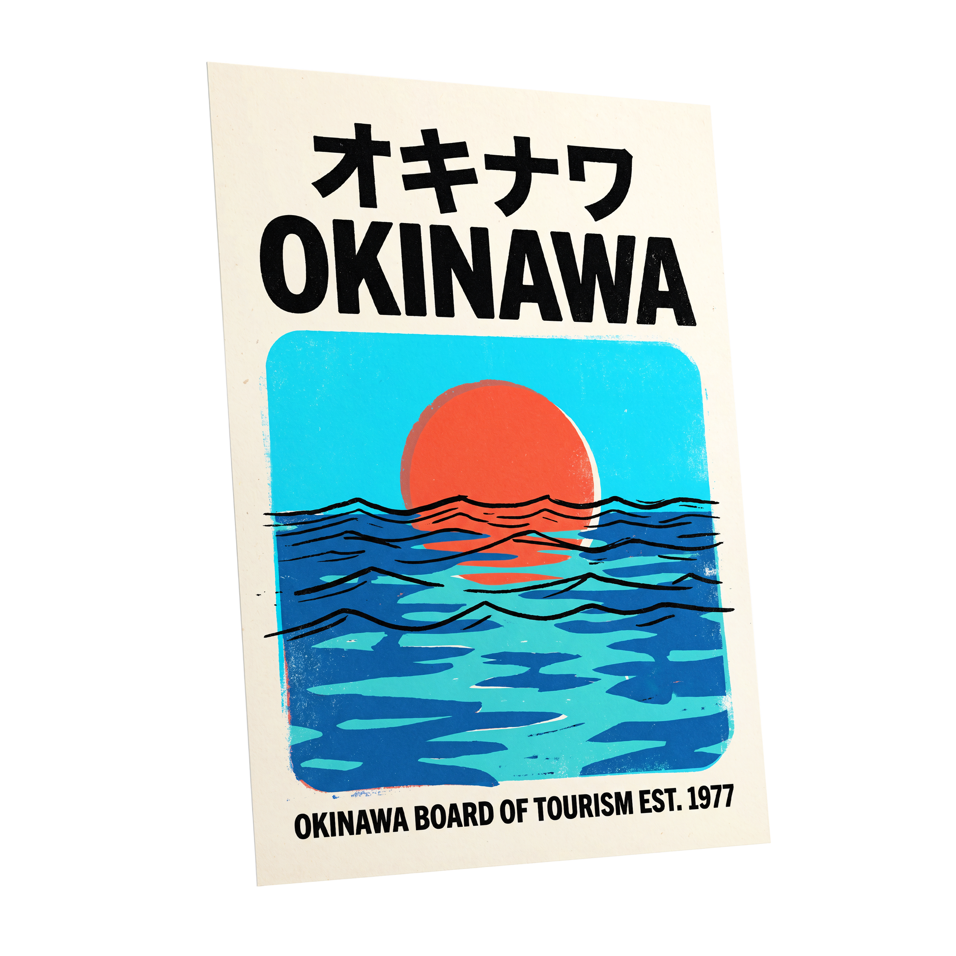Okinawa Sunset Tides, black, beige, blue nature wall art shown as a unframed poster wall art print