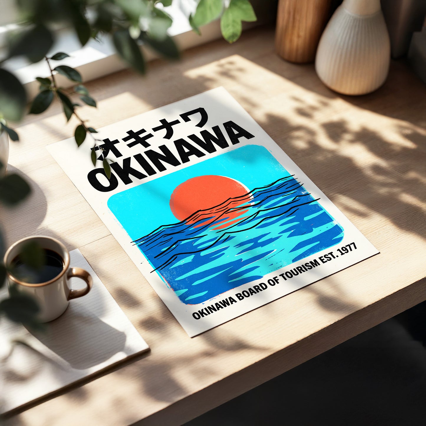 Okinawa Sunset Tides, black, beige, blue nature wall art displayed in a styled interior, gallery view 5
