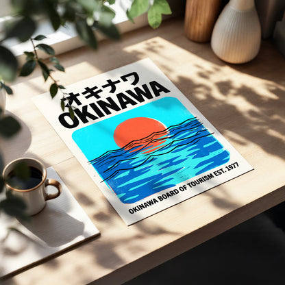 Okinawa Sunset Tides, black, beige, blue nature wall art displayed in a styled interior, gallery view 5