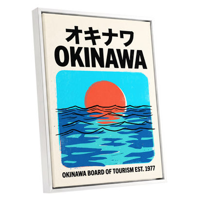 Okinawa Sunset Tides, black, beige, blue nature wall art shown as a white framed canvas wall art