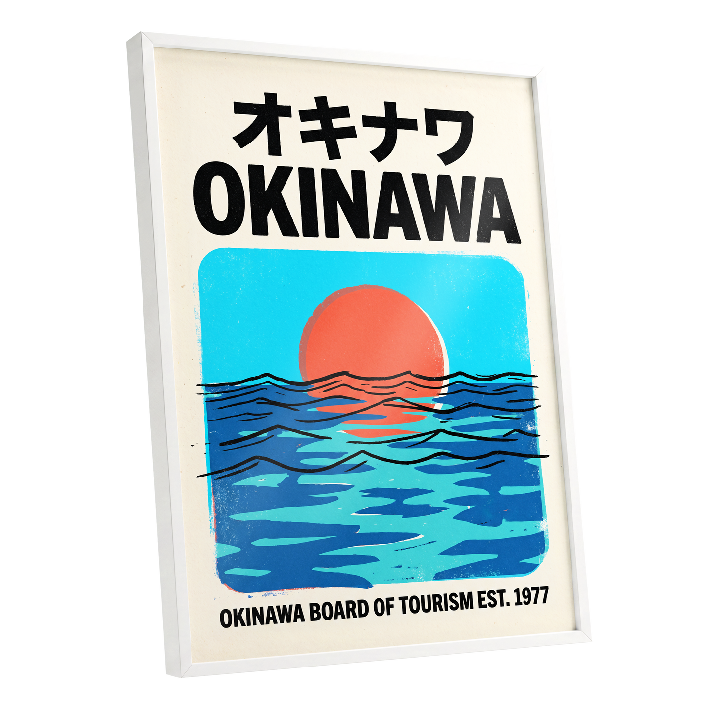 Okinawa Sunset Tides, black, beige, blue nature wall art shown as a white framed poster wall art print