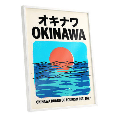Okinawa Sunset Tides, black, beige, blue nature wall art shown as a white framed poster wall art print