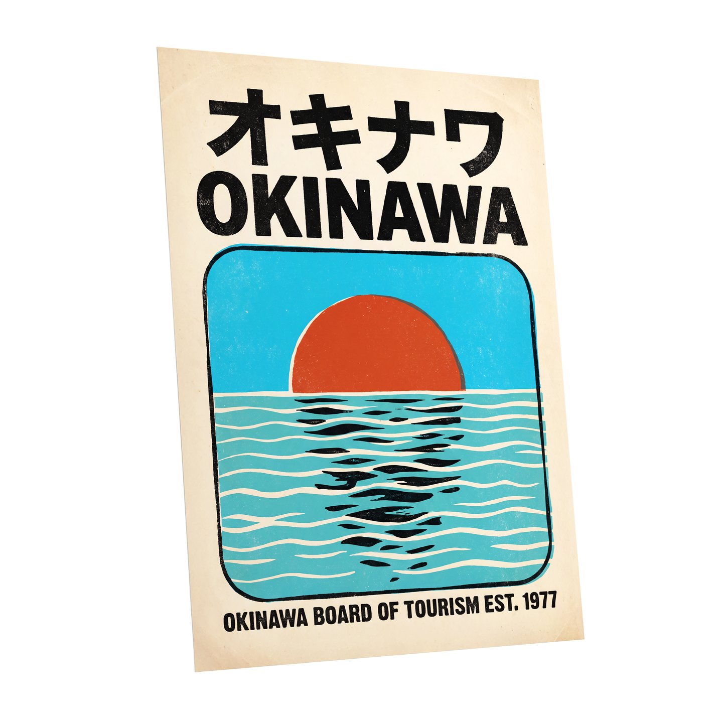 Okinawa Sunset, black, beige, blue nature wall art shown as a unframed poster wall art print
