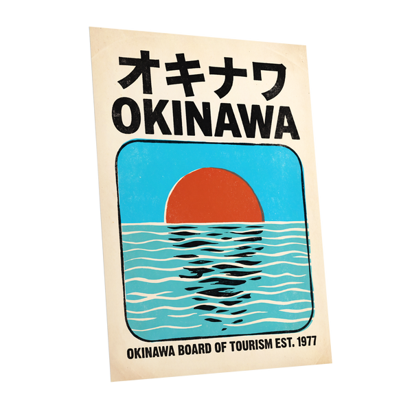 Okinawa Sunset, black, beige, blue nature wall art shown as a unframed poster wall art print
