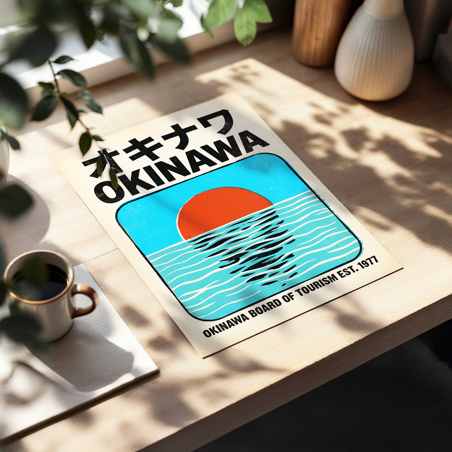 Okinawa Sunset, black, beige, blue nature wall art displayed in a styled interior, gallery view 5