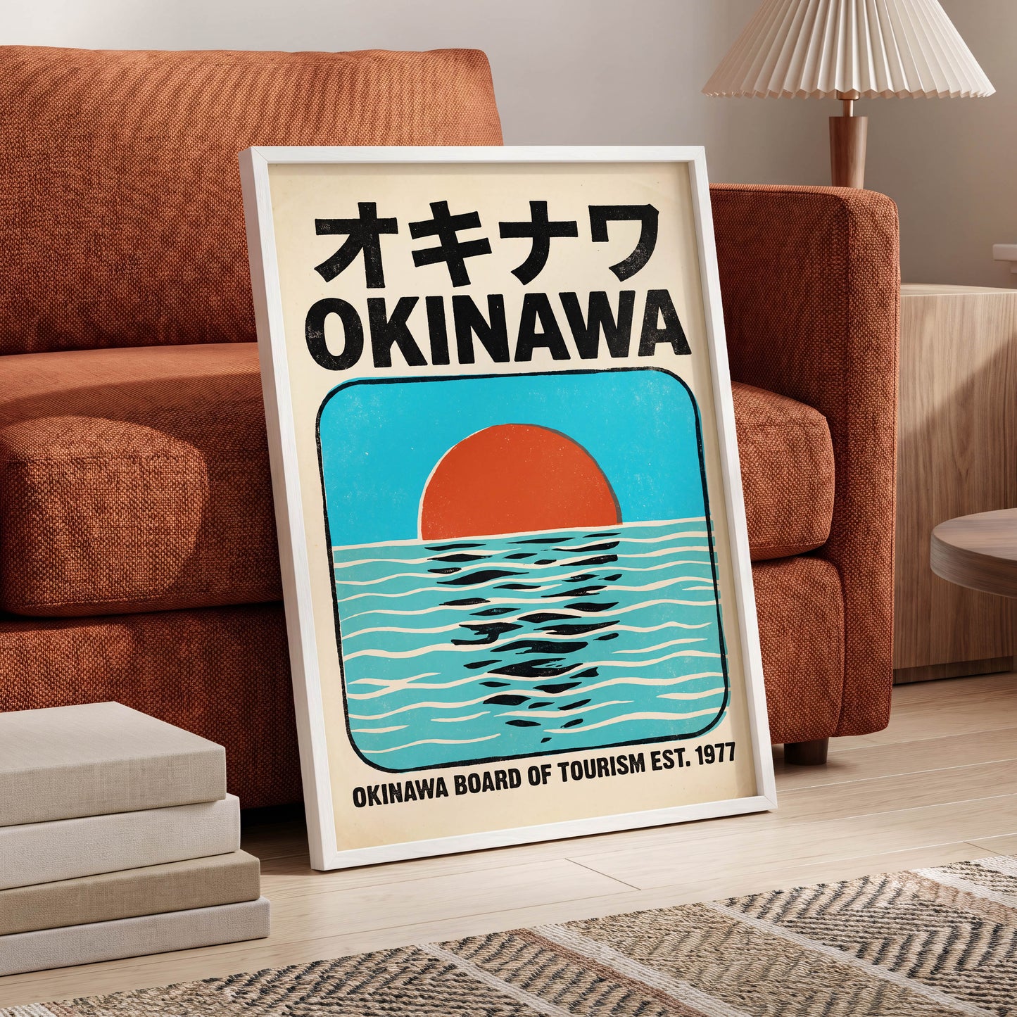 Okinawa Sunset, black, beige, blue nature wall art displayed in a styled interior, gallery view 9