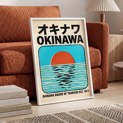 Okinawa Sunset, black, beige, blue nature wall art displayed in a styled interior, gallery view 9