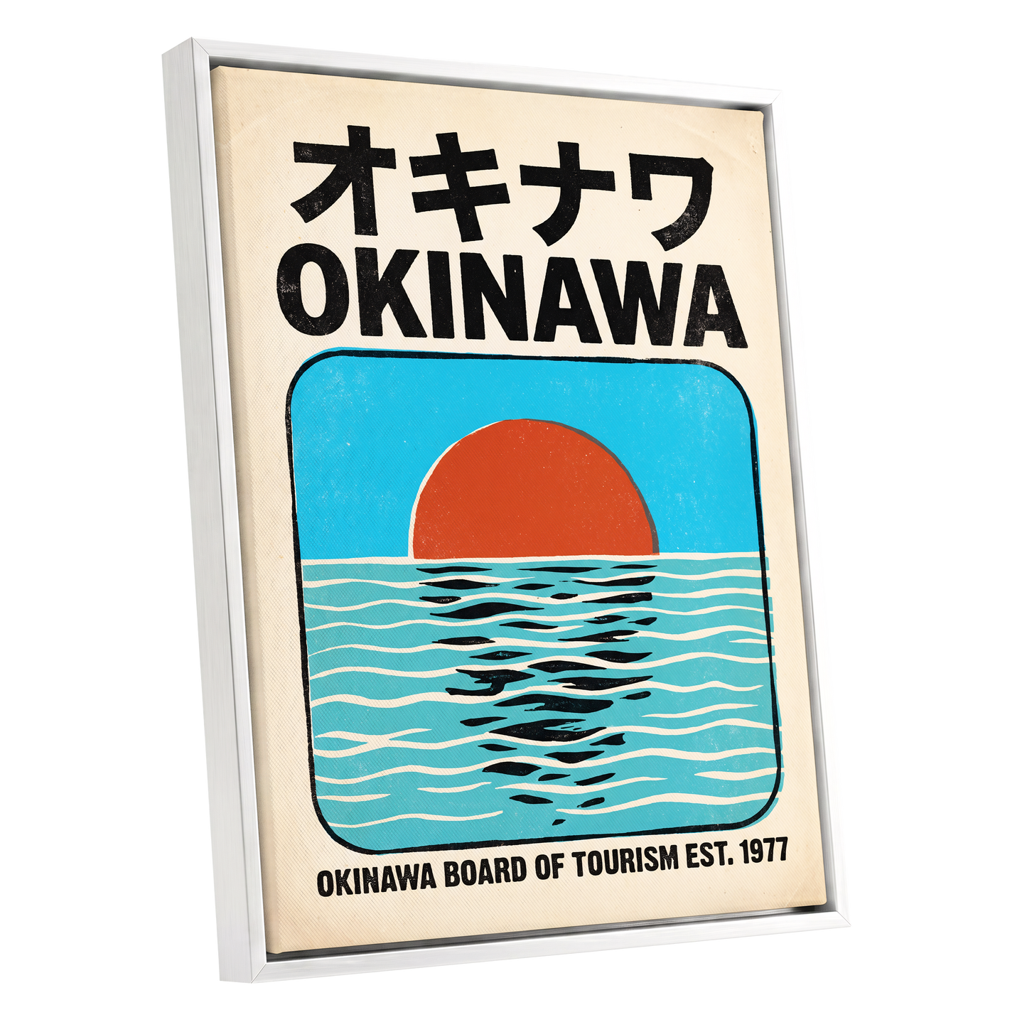 Okinawa Sunset, black, beige, blue nature wall art shown as a white framed canvas wall art