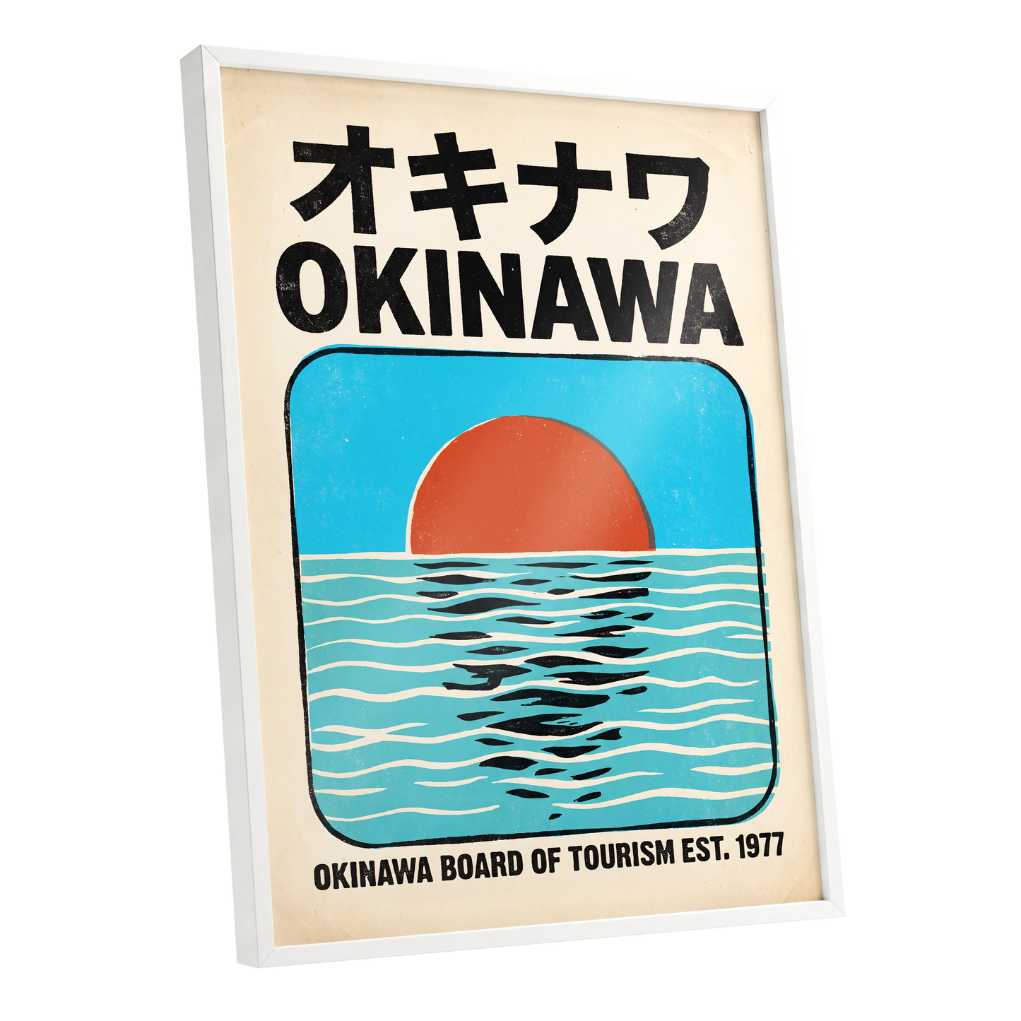 Okinawa Sunset, black, beige, blue nature wall art shown as a white framed poster wall art print