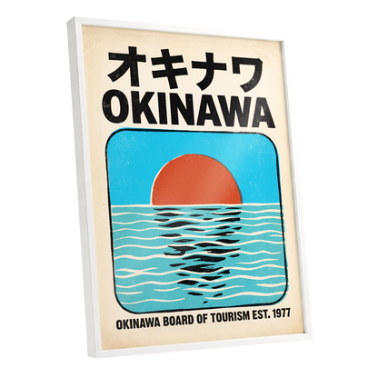 Okinawa Sunset, black, beige, blue nature wall art shown as a white framed poster wall art print