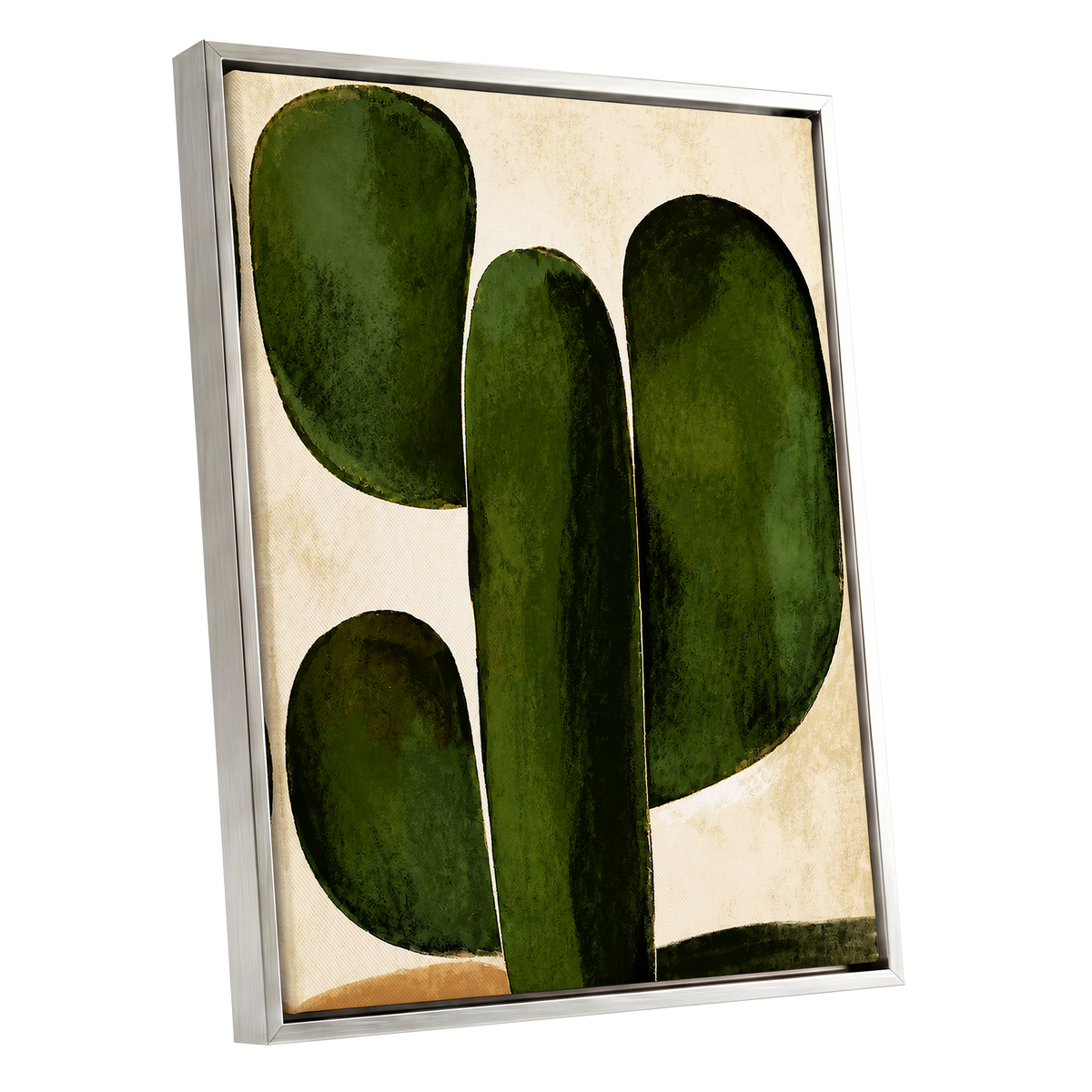 Olive Ascent, green, beige, black nature wall art shown as a silver framed canvas wall art