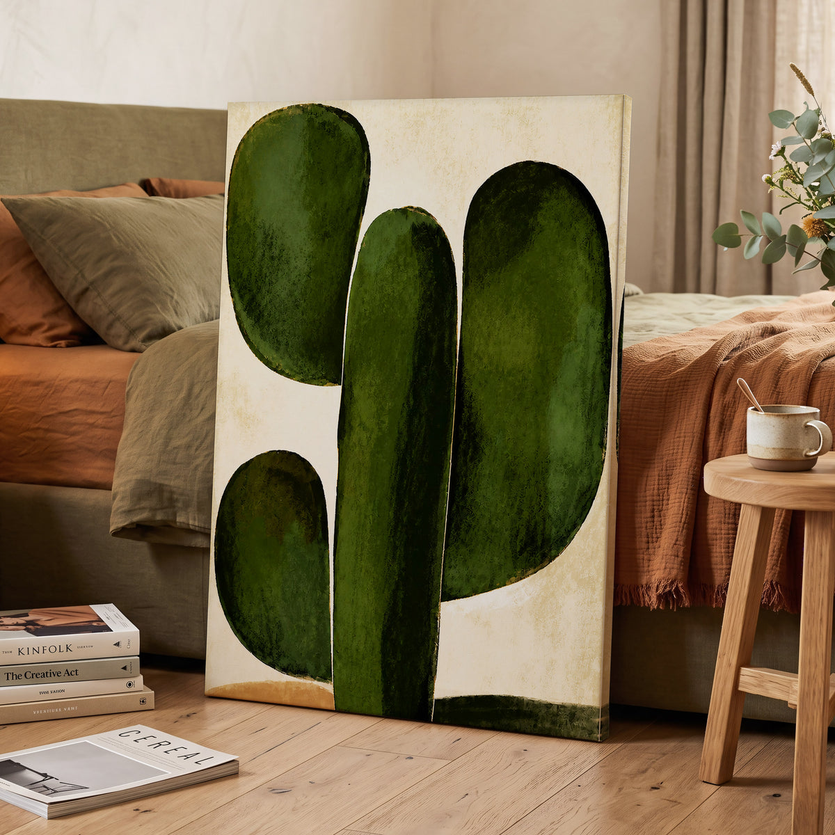 Olive Ascent, green, beige, black nature wall art displayed in a styled interior, gallery view 3