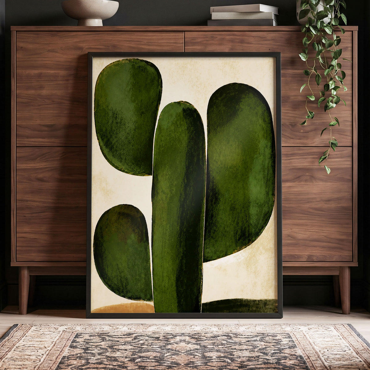 Olive Ascent, green, beige, black nature wall art displayed in a styled interior, gallery view 9