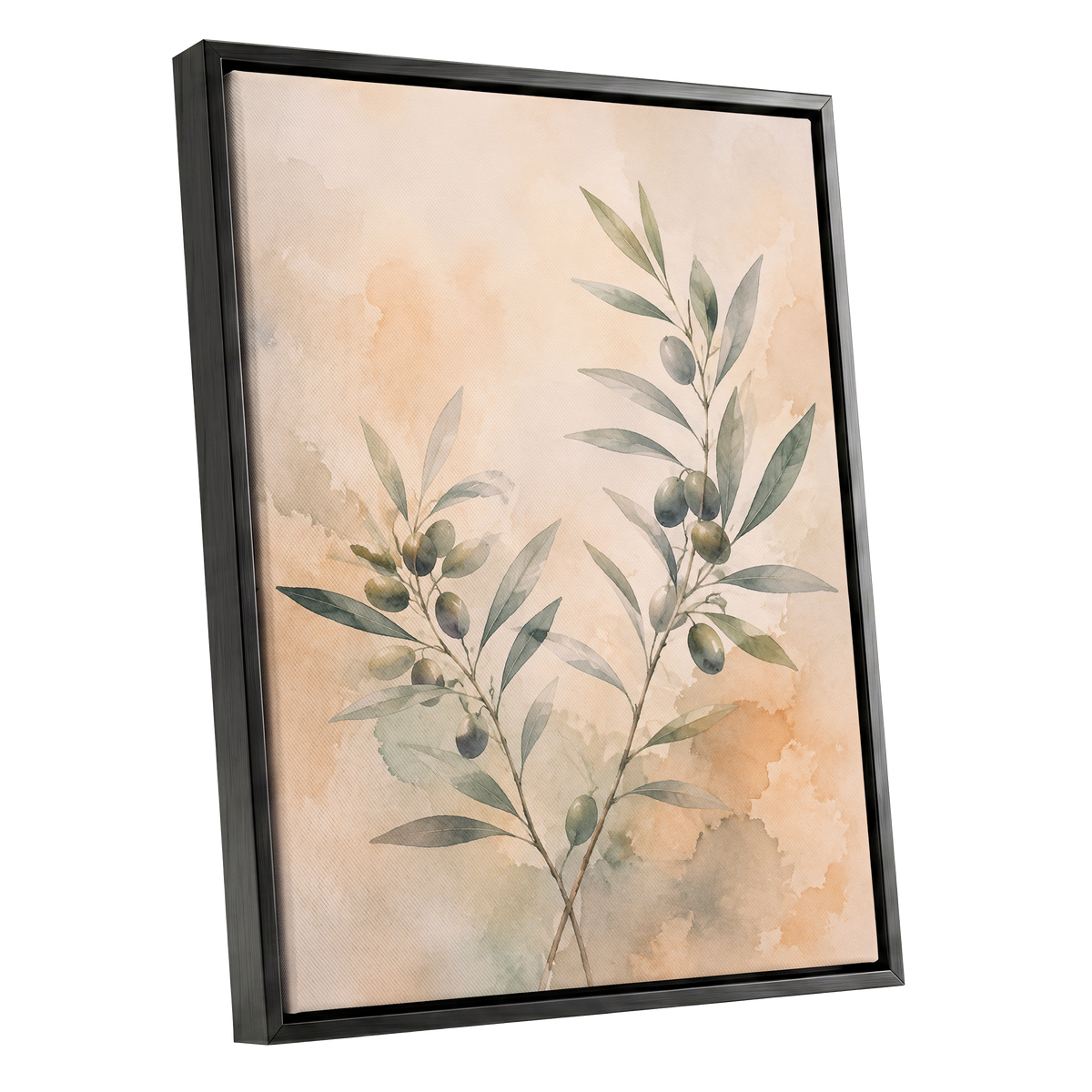 Olive Branch Reverie, green, beige, orange nature wall art shown as a black framed canvas wall art
