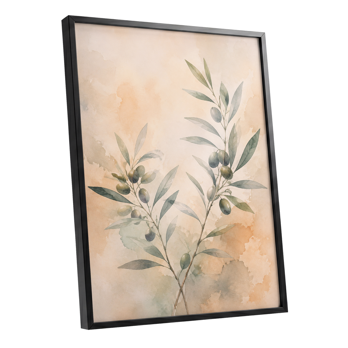 Olive Branch Reverie, green, beige, orange nature wall art shown as a black framed poster wall art print
