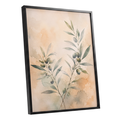 Olive Branch Reverie, green, beige, orange nature wall art shown as a black framed poster wall art print