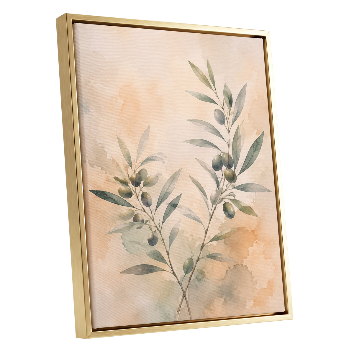 Olive Branch Reverie, green, beige, orange nature wall art shown as a gold framed canvas wall art
