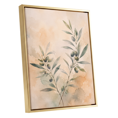 Olive Branch Reverie, green, beige, orange nature wall art shown as a gold framed canvas wall art