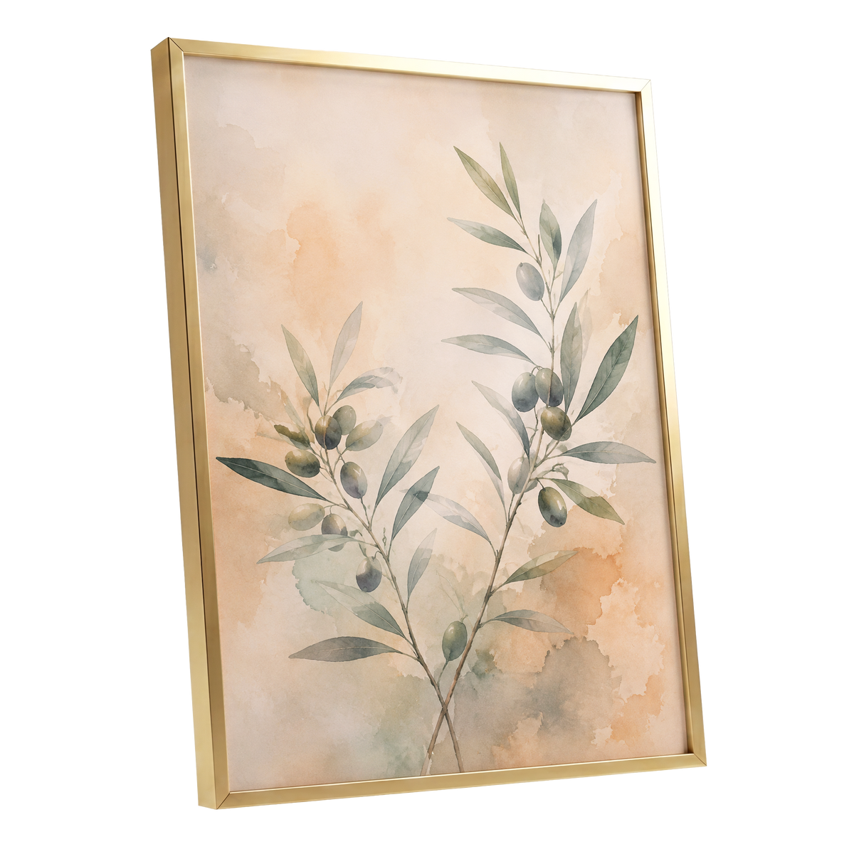 Olive Branch Reverie, green, beige, orange nature wall art shown as a gold framed poster wall art print