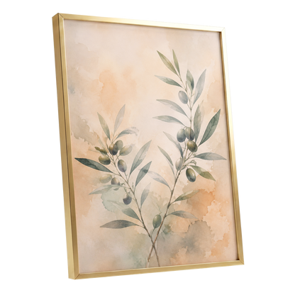 Olive Branch Reverie, green, beige, orange nature wall art shown as a gold framed poster wall art print