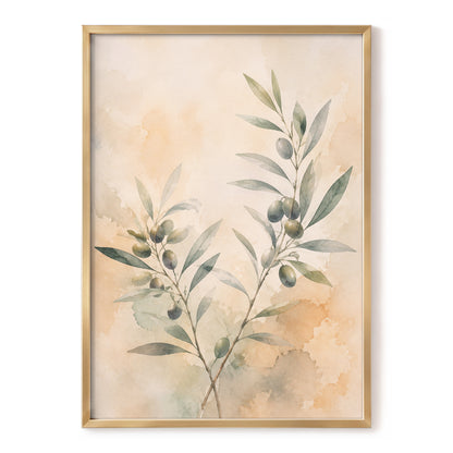 Olive Branch Reverie, green, beige, orange nature wall art, front artwork view