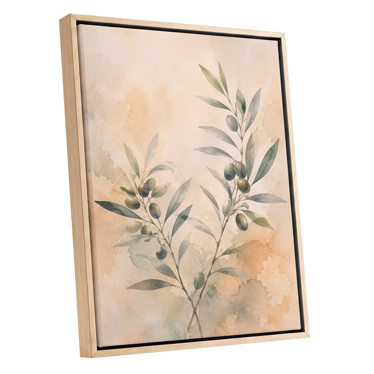 Olive Branch Reverie, green, beige, orange nature wall art shown as a oak framed canvas wall art