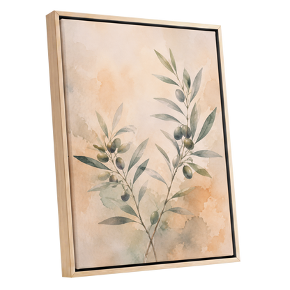Olive Branch Reverie, green, beige, orange nature wall art shown as a oak framed canvas wall art