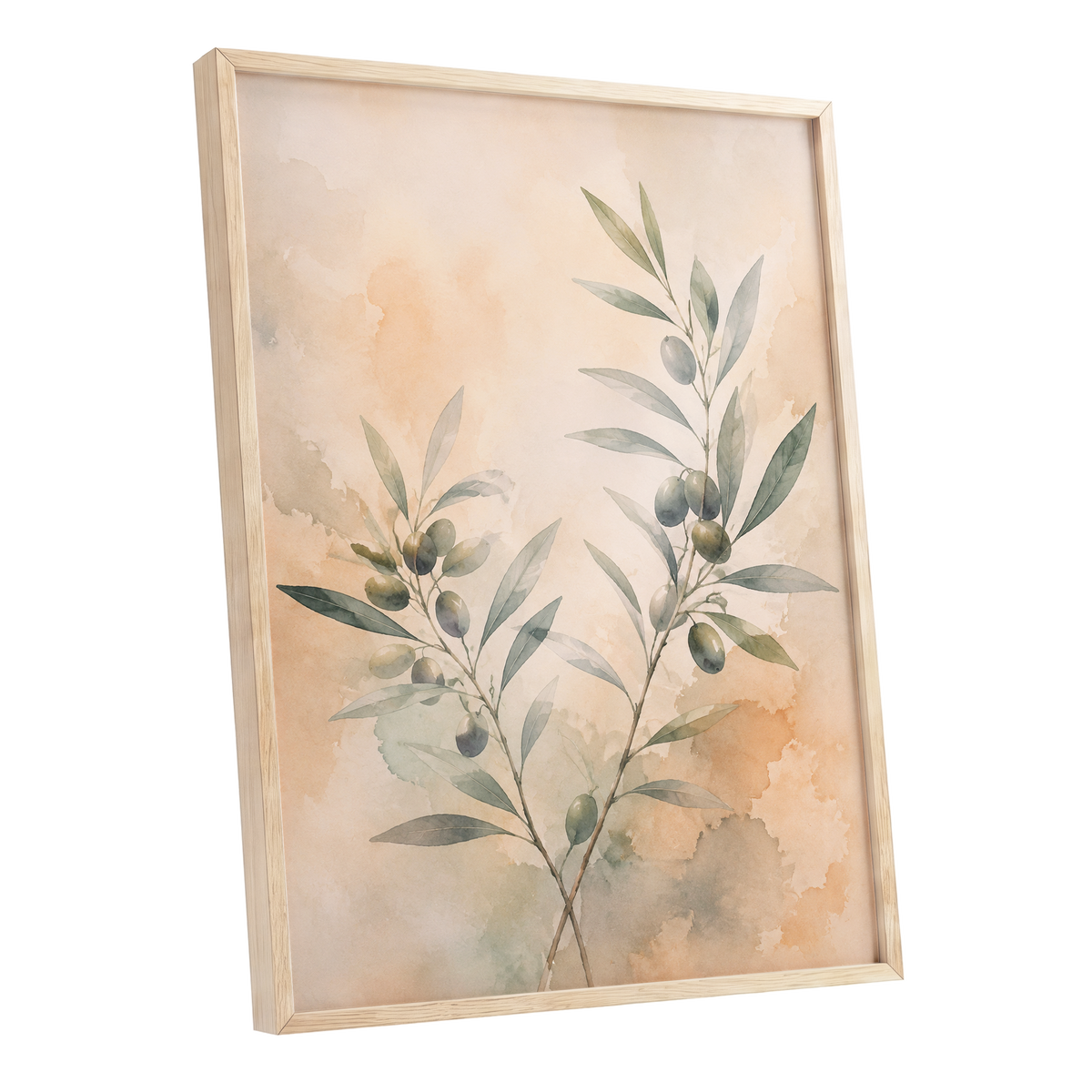 Olive Branch Reverie, green, beige, orange nature wall art shown as a oak framed poster wall art print