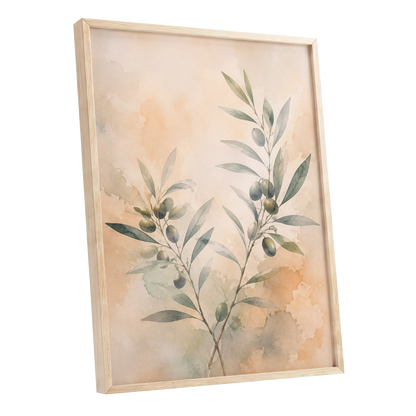 Olive Branch Reverie, green, beige, orange nature wall art shown as a oak framed poster wall art print
