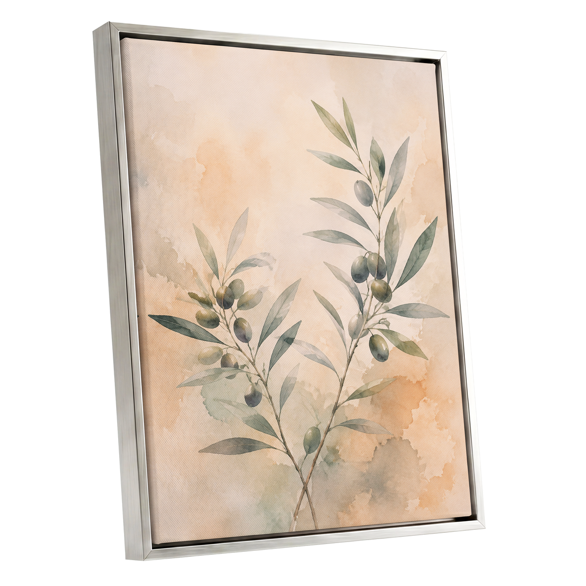 Olive Branch Reverie, green, beige, orange nature wall art shown as a silver framed canvas wall art