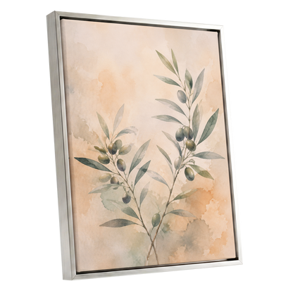 Olive Branch Reverie, green, beige, orange nature wall art shown as a silver framed canvas wall art