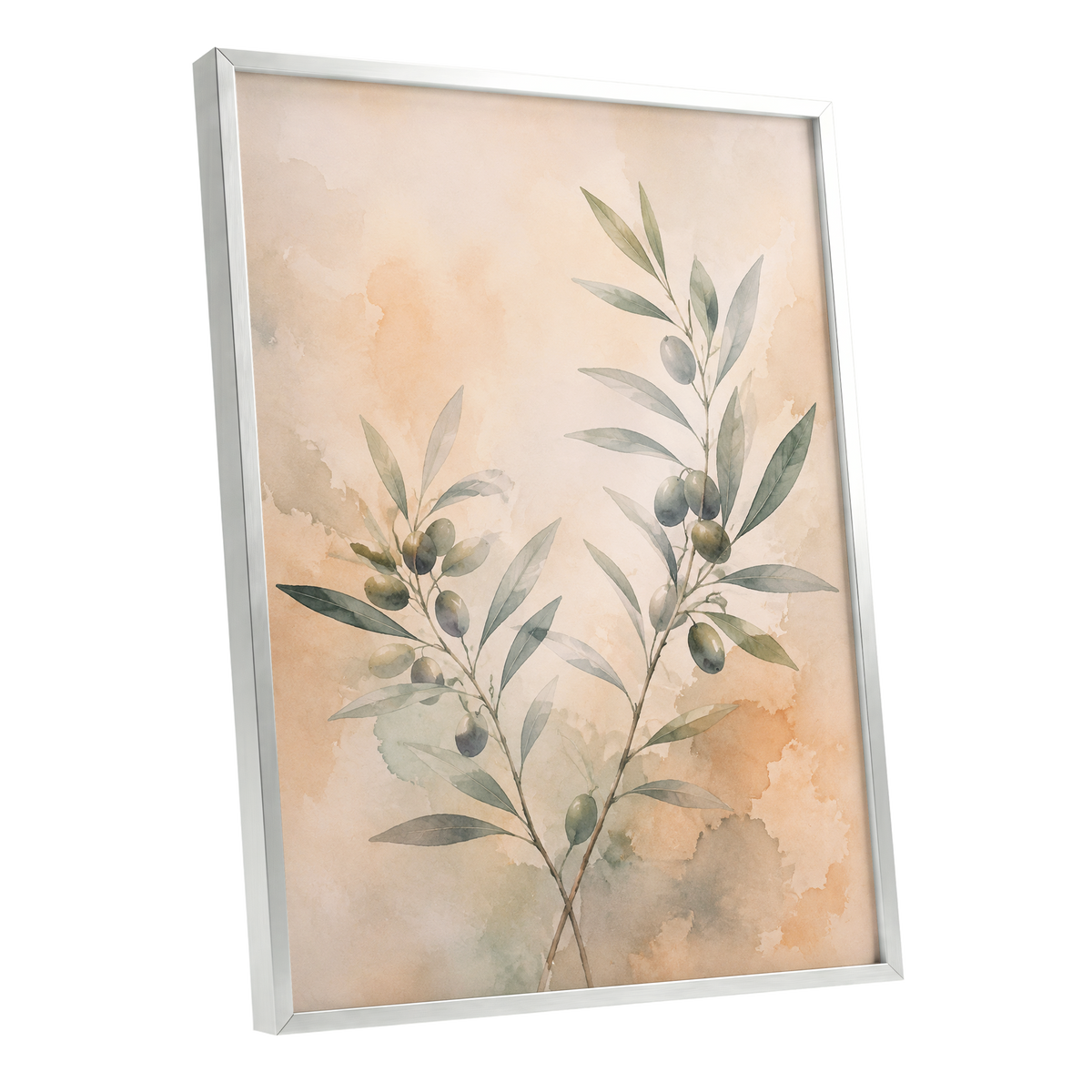 Olive Branch Reverie, green, beige, orange nature wall art shown as a silver framed poster wall art print