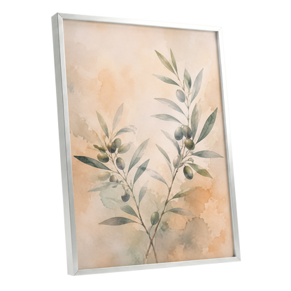 Olive Branch Reverie, green, beige, orange nature wall art shown as a silver framed poster wall art print